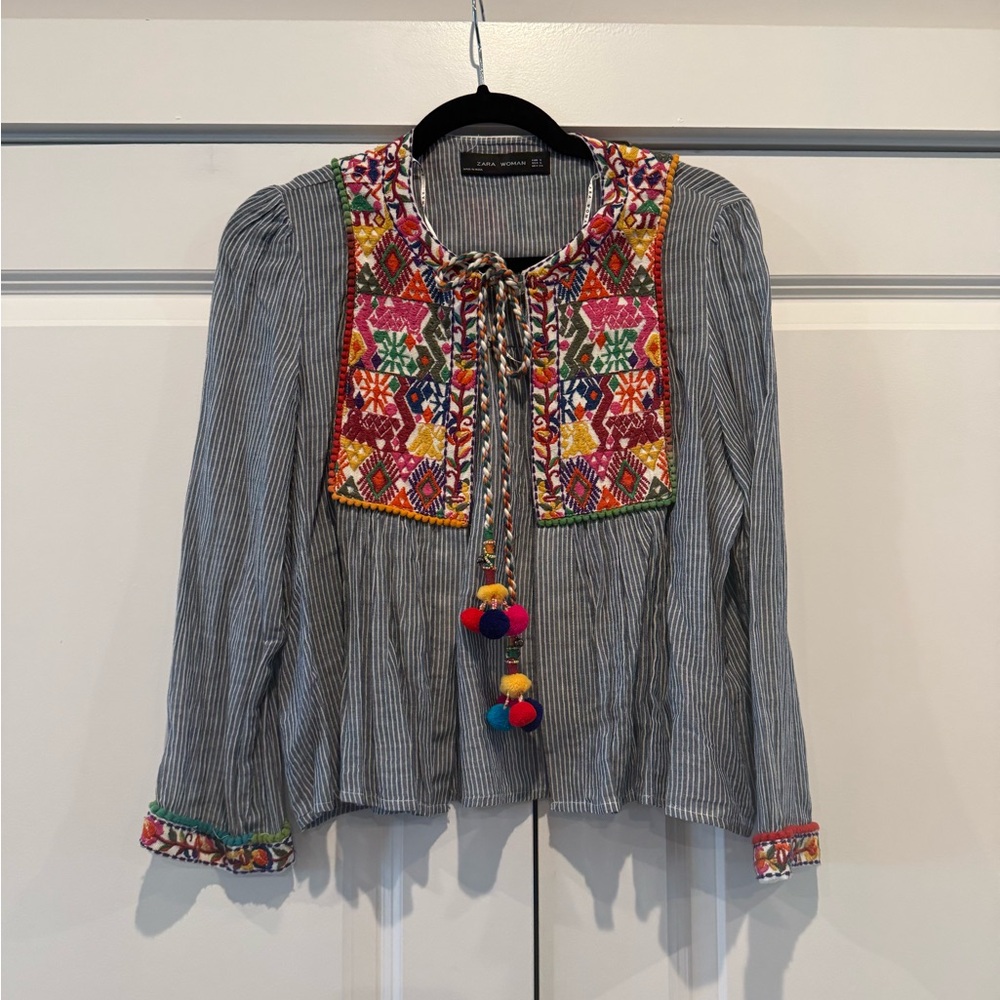 Zara Gray/Blue Striped Blouse with Colorful Embroidery